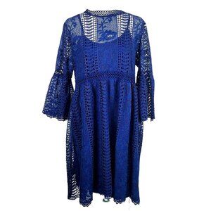 Lace Overlay Bell Sleeve Dress Navy Blue Suzanne Betro Keyhole Button Large